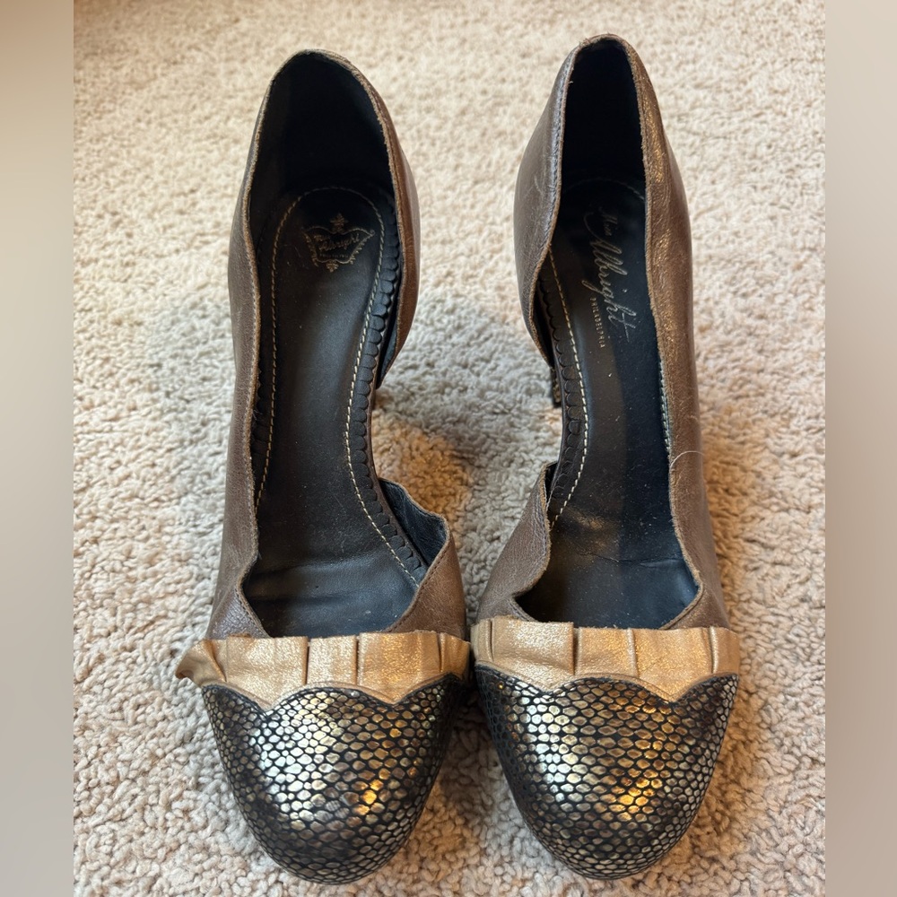 Anthropologie Miss Albright Brown and Gold Textured Heels